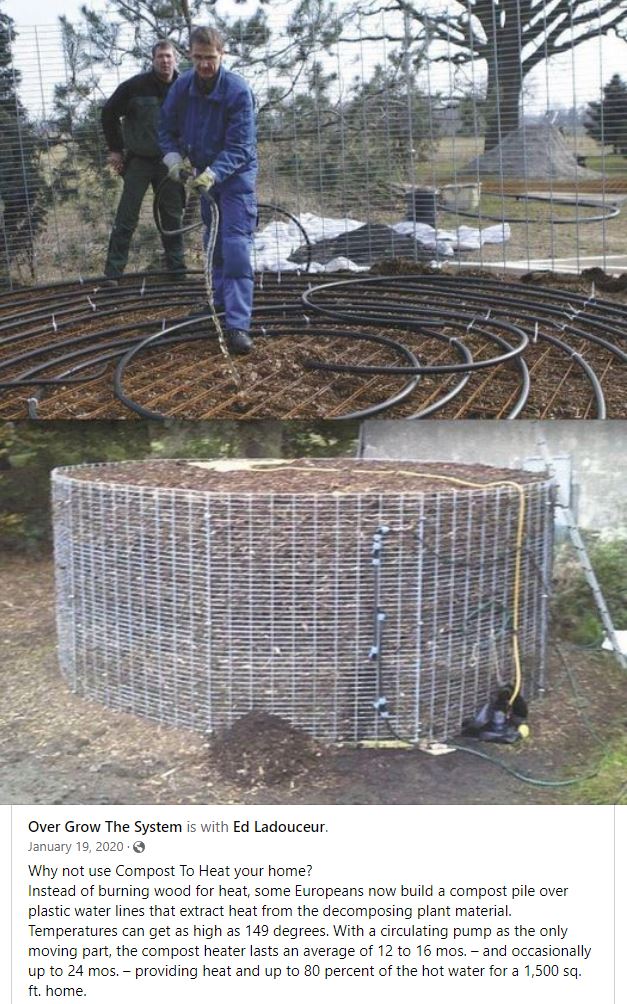 The meme is a screenshot of a Facebook post from a page called "Overgrow the World" that shows a picture of a man in a blue jumpsuit standing in a yard surrounded by a large, circular, metal heating system. The system appears to be a large, metal coil filled with water that is being heated by a series of pipes. The text of the post reads, "Why not use compost to heat your home?"
